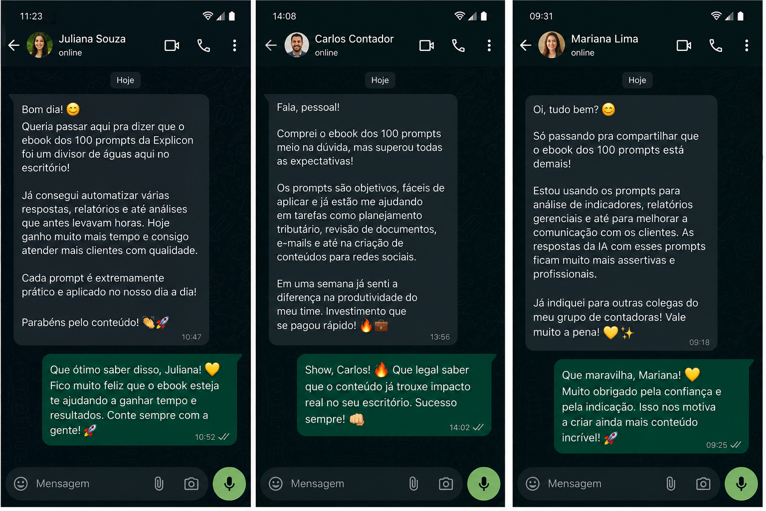 Depoimentos reais de contadores — Juliana Souza, Carlos Contador e Mariana Lima — sobre o ebook 100 Prompts Infalíveis da Explicon