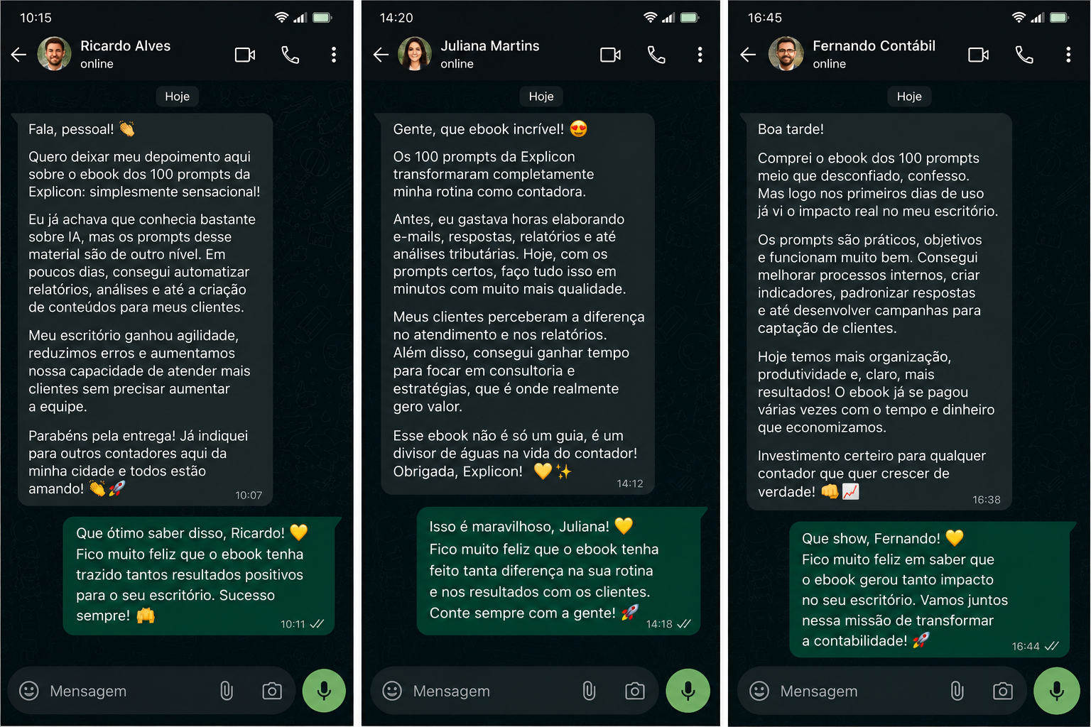 Depoimentos reais de contadores — Ricardo Alves, Juliana Martins e Fernando Contábil — sobre o ebook 100 Prompts Infalíveis da Explicon